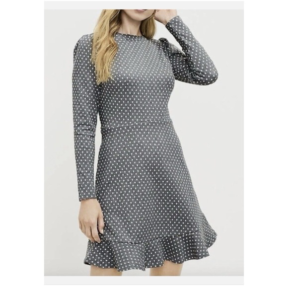 Loft Dress Gray Shimmer Polka Dot Ruffle Trim Sz 10 Women's Long Sleeve NWT - Picture 1 of 14